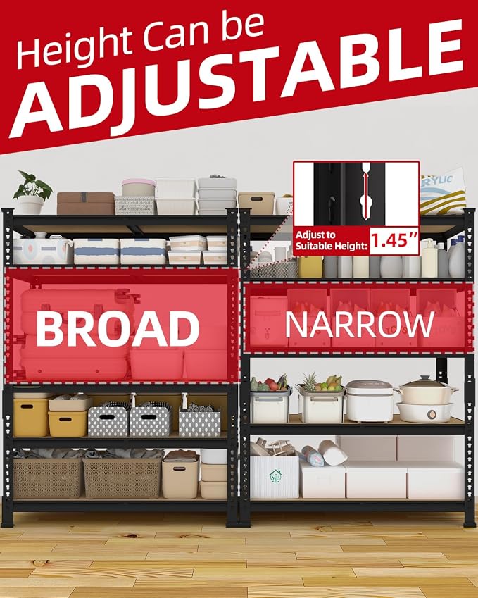 PrimeZone 5-Tier Garage Storage Shelves, Adjustable Metal Shelving, Black | 36" x 16" x 72", Heavy-Duty Metal Frame & Connectors, FSC MDF Boards, 2000 LBS Storage for Garage, Pantry & Closet, 4 PCS