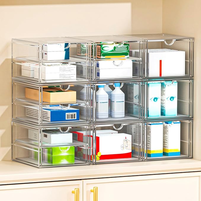 caktraie 4-Pack 4-Drawer Acrylic Storage Organizer for Desk, Crafts,Vanity | Smooth-glide drawers, clear body, dustproof, wipe clean, for paintbrushes, beads, sequins, googly eyes, embroidery floss