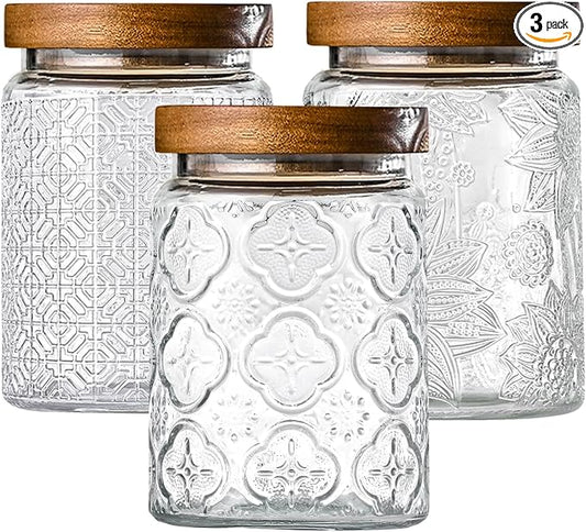 Glass Storage Containers With Lids, Glass Jars With Lids, 24oz, Set Of 3 | Airtight Glass Food Storage Containers, Kitchen Canisters For Sugar, Coffee, Tea, Spice, Flour, Candy, Pasta, Cereal