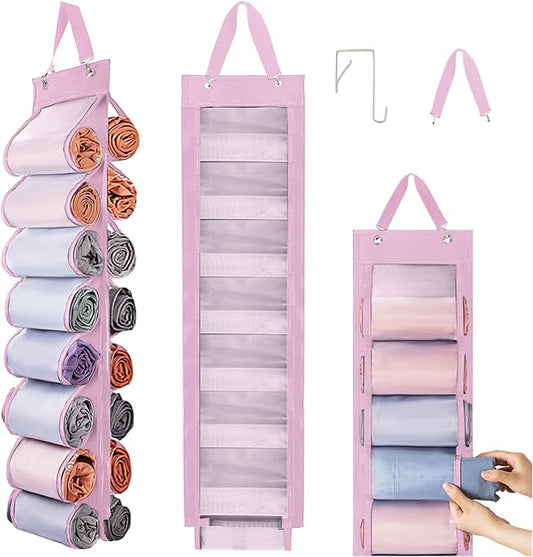 DHSFKBE Legging Organizer Storage, T Shirt Organizer, Foldable Hanging Closet Organizer Storage with 16 Roll Independent Compartments for Yoga Pants, Tank Top, Towel, Underwear (Pink)