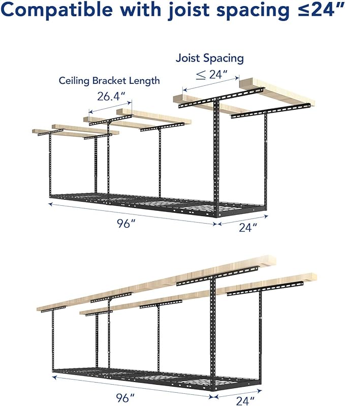 FLEXIMOUNTS 2x8 Overhead Garage Ceiling Storage Rack Organization, White | 400lbs Weight Capacity, 22"-40" Adjustable Organization System, Heavy-Duty Metal Ceiling Racks, Classic Series