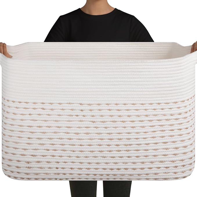 OIAHOMY 108L Extra Large Blanket Basket, 25”x16”x16” Rectangle Woven Cotton Rope Baskets for Living Room, Toy Storage with Handle- Light Yellow & White