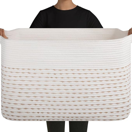 OIAHOMY 108L Extra Large Blanket Basket, 25”x16”x16” Rectangle Woven Cotton Rope Baskets for Living Room, Toy Storage with Handle- Light Yellow & White