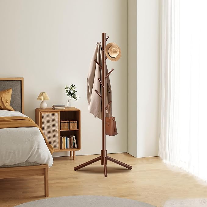 Unisakey 8-Hook Freestanding Wooden Coat Rack 3 Adjustable Heights Brown | Stable Triangular Base for Safety,Durable Construction,Simple Tool-Free Assembly,Ideal for Bedroom Hallway Office Entryway