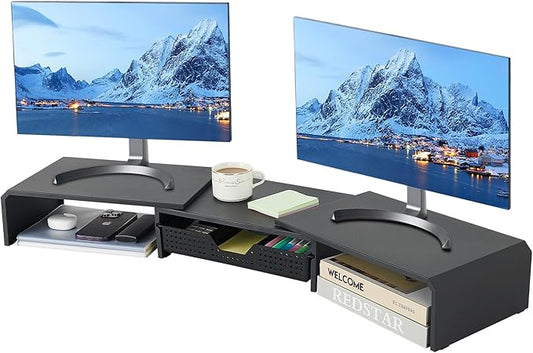 LEKETREE Dual Monitor Stand Riser with Drawer, Computer Stand for Desk, Workspace Desktop Stand, Desk Organizer for Computer, Laptop, TV and More (Black)