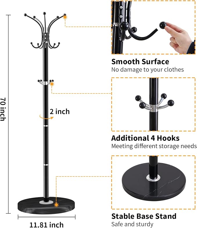 ZOZOE Metal Coat Rack Stand, Modern Coat Rack Freestanding with Natural Marble Base, 360° Rotary Design Coat Racks with 14 Hooks, Black Coat Tree Hanger Stand for Bags, Hats, Entryway, Office