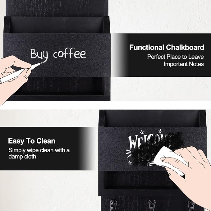 Key and Mail Holder for Wall, Key Holder with Chalkboard and Long Storage Box, Key Hanger with 3 Sturdy Hooks for Coat, Dog Leash, Entryway Mail Organizer (Black)