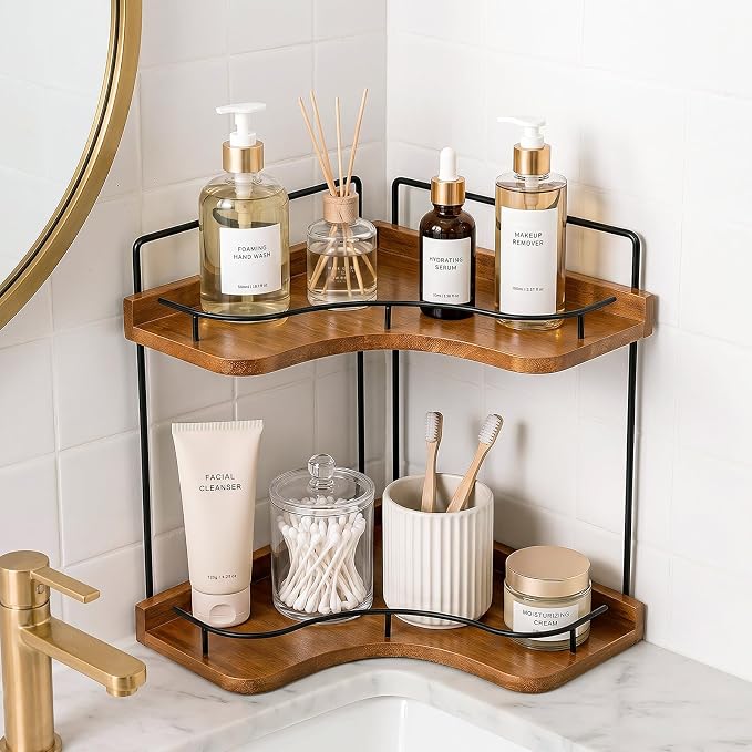 Rofio 2-Tier Corner Bathroom Counter Organizer with Solid Wood Shelf | Natural wood vanity storage rack for skincare & makeup. Fits bathroom, kitchen, bedroom & countertop corners.