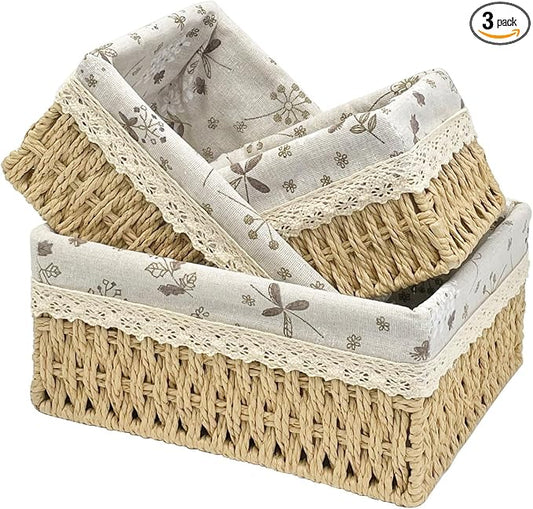 Wicker Storage Baskets Set of 3, Handwoven Paper Rope Organizer Bins with Removable Floral Liner, Small Medium Large for Bathroom, Pantry, Shelf, Countertop, Closet (Beige, L+M+S)