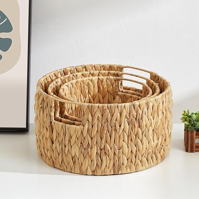 Wicker Storage Basket, Hand-Woven Water Hyacinth Large Round Woven Basket With Handles, Wicker Baskets for Organizing/Storage, 3-Pack
