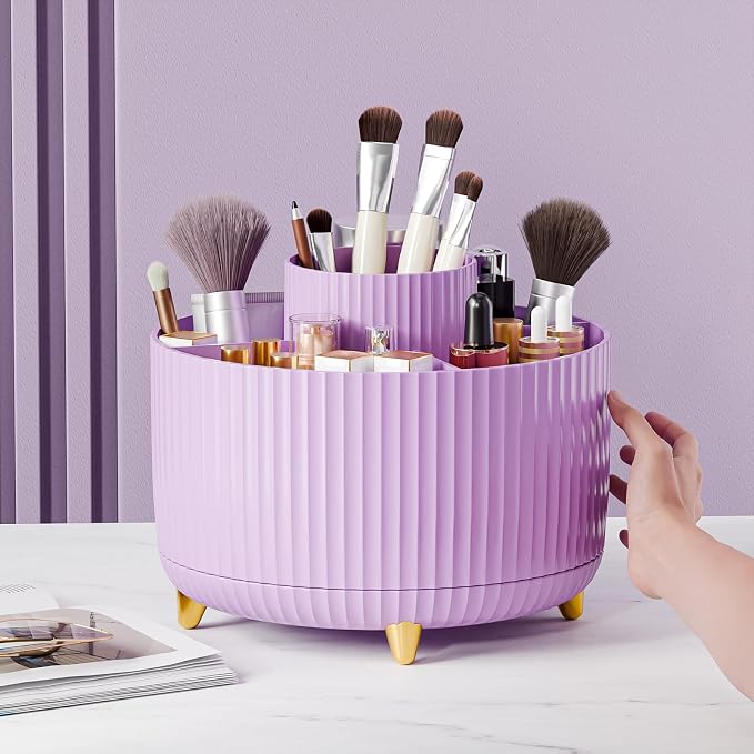 fanado 360° Rotate Makeup Brush Holder Organizer, Makeup Organizers Countertop, Makeup organization and Skincare Storage for Vanity, Desktop, Bathroom (Purple)