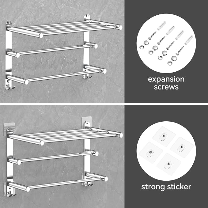 CAXIMSY Adjustable Towel Bar for Bathroom Wall Mount17-30.7inch Adhesive Shower Towel Rack Stainless Steel Bath Towel Holders for Toilet Kitchen Double Towel Hanger (3-Layer Towel Rack)