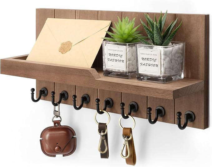 Rebee Vision Key Holder Wall Mount with Shelf for Entryway, Retro Brown | Key Holder for Wall, 7 Key Hooks, Floating Shelf, Key and Mail Holder for Wall, Home Storage, Sturdy Everyday Organization