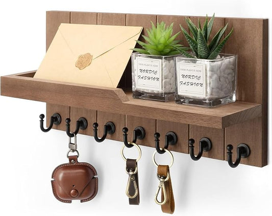 Rebee Vision Key Holder Wall Mount with Shelf for Entryway, Retro Brown | Key Holder for Wall, 7 Key Hooks, Floating Shelf, Key and Mail Holder for Wall, Home Storage, Sturdy Everyday Organization