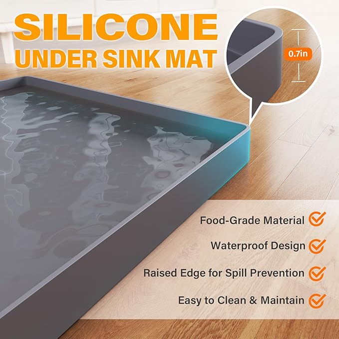 FLATO Waterproof Under Sink Mat 34" x 19" Shelf Liner for Kitchen and Bathroom, Cabinet Protector, Organizers and Storage, Flexible Silicone Drip Tray