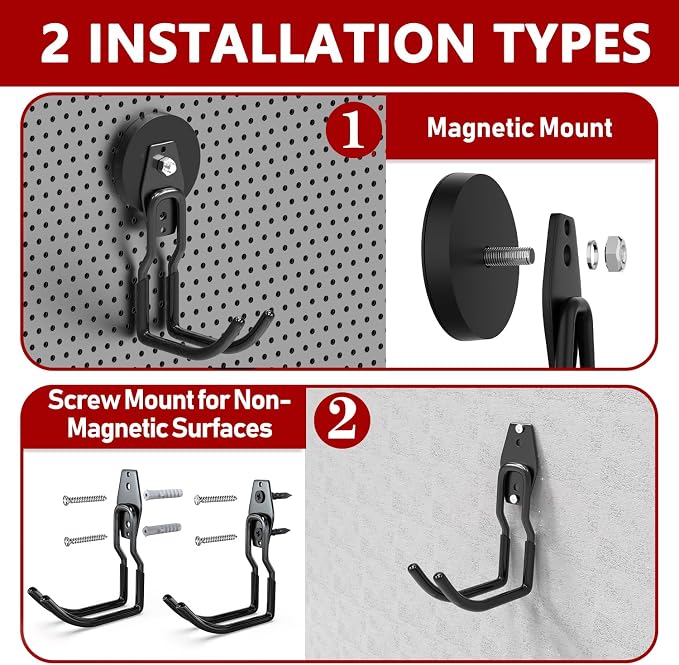3-H Heavy Duty Magnetic Hooks,No-Drill Garage Power Tool Holder, 2 Pack | Patented Extended Right-Angle Support boosts load capacity. Works on iron & steel surfaces, perfect for workshop,shed