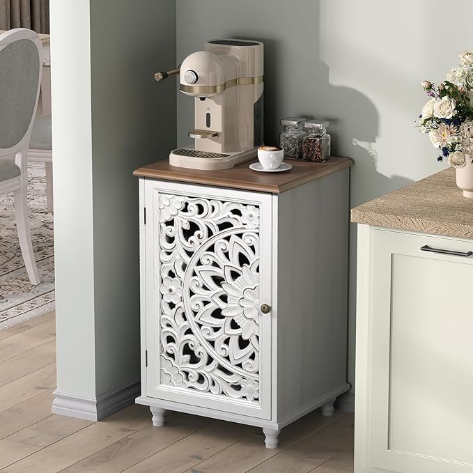 JOINICE Accent Cabinet with Hand-Carved Door for Living Room/Bedroom | Hand-Carved Floral Design, Boho/Farmhouse/Rustic Style, Space-Saving, Sofa Table/End table, Solid Wood Legs, Adjustable Shelf