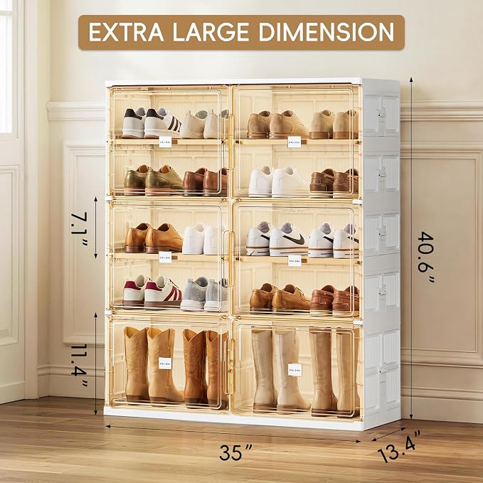 JEKO&JEKO 5 Tiers Foldable Boot and Shoe Storage Rack Cabinet for Closet Entryway, Large Collapsible Shoe Organizer with Magnetic Doors (White)