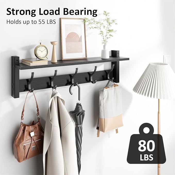 Optish Coat Rack Wall Mount with Shelf, 24 Inch Coat Hanger Walls Mounted, Hat Rack for Walls, Shelf with 5 Coat Hooks, Wall Hanger for Entryway (Black)