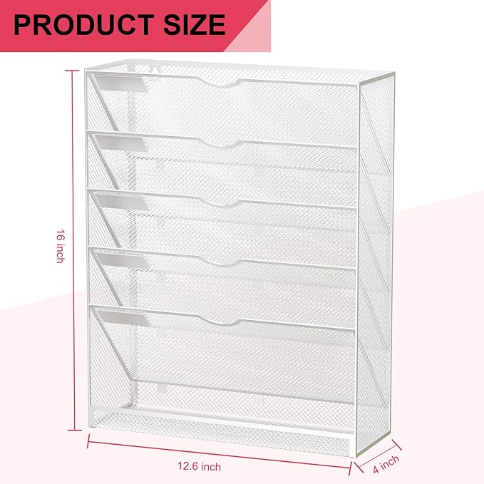 Hanging Wall File Organizer 6 Tier Wall Mounted File Holder Document Wall Organizer Magazine Organization for Office Home, Silver
