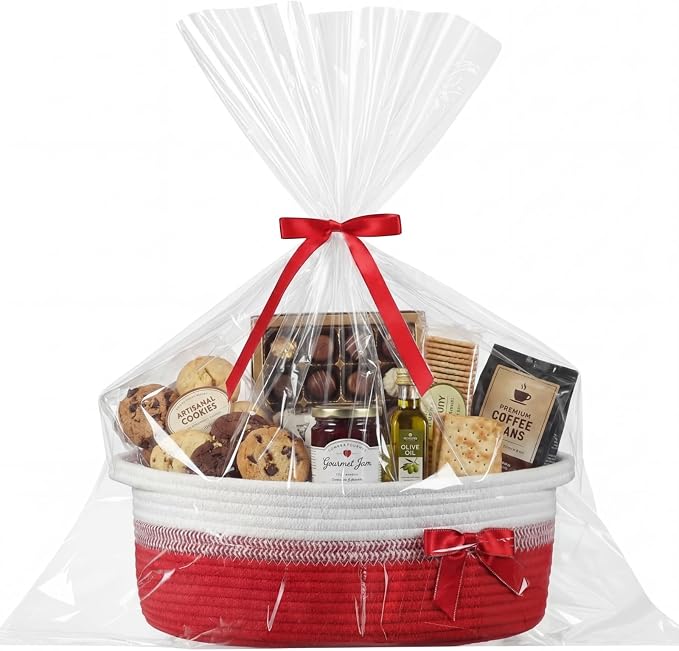 Colingmill 1 Set Woven Empty Basket for Gift,Red White | with Cellophane Wrap Set, 14 x 10 x 5.5 Inch, Medium Decorative Gift Basket, Cotton Rope Storage Box, Home Decor