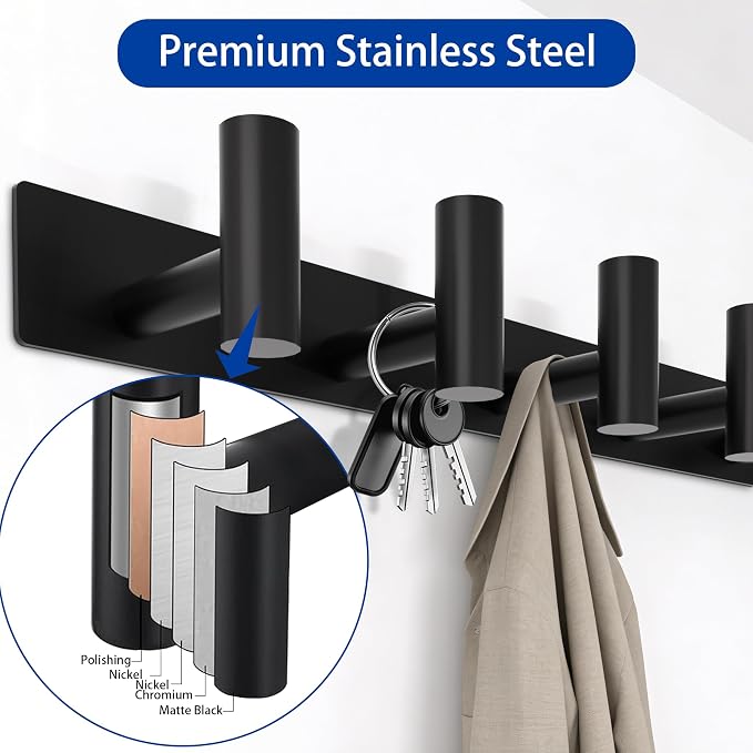 Matte Black Coat Rack Wall Mount - 5 Hooks, Heavy Duty Stainless Steel Wall Hooks for Towels, Coats, Robes, Bags, Hats, Keys, Wall Coat Hanger for Bathroom, Entryway, Kitchen, Hotel, Bedroom, Office