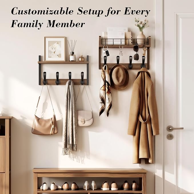 Delamu 32" Coat Rack with Shelf, 4 in 1 Coat Hanger Wall Mount with Shelf, Wooden Entryway Wall Organizer with Hooks, Brown