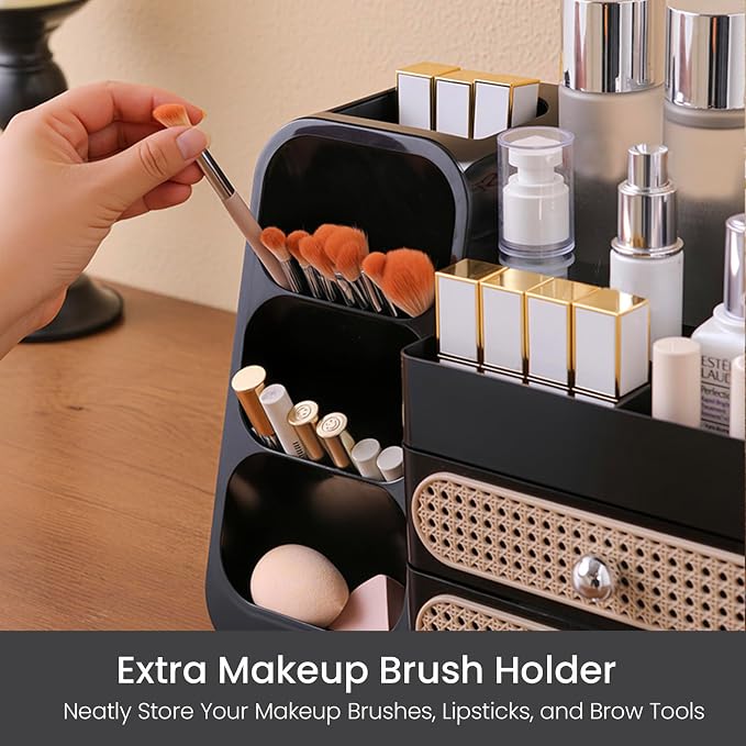 Aveniee Makeup Organizer with Drawers, Large Bathroom Countertop Organizer for Vanity, Desk Cosmetics Storage for Perfume Brushes Skincare Eyeshadow Lotions Lipstick-Black