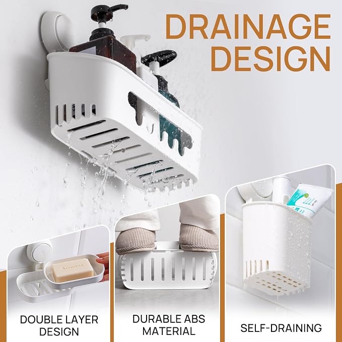 LEVERLOC Shower Caddy Suction Cup Set Shower Organizer & Soap Holder & Toothbrush Holder, Bathroom Shelf Basket NO-Drilling, Removable Suction Storage Waterproof Bathroom Caddy, White | Toothbrush Holder, NO-Drilling Bathroom Shelf, Removable Suction S...