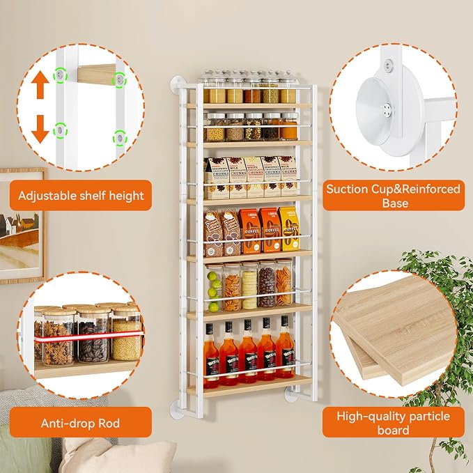 IBUYKE Over the Door Spice Organizer,Door or Wall Mount,Natural TLJ028R | 6 Tier Wall Mounted Spice Rack Adjustable Hanging Storage Shelves Spice Organization for Kitchen cabinet Bathroom Closet