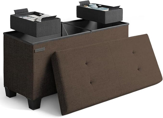 Storage Ottoman Bench with Bins, 30-in Storage Bench for Bedroom End of Bed, Folding Foot Rest Ottoman for Living Room Max 660lbs, Fabric Ottomans, Brown