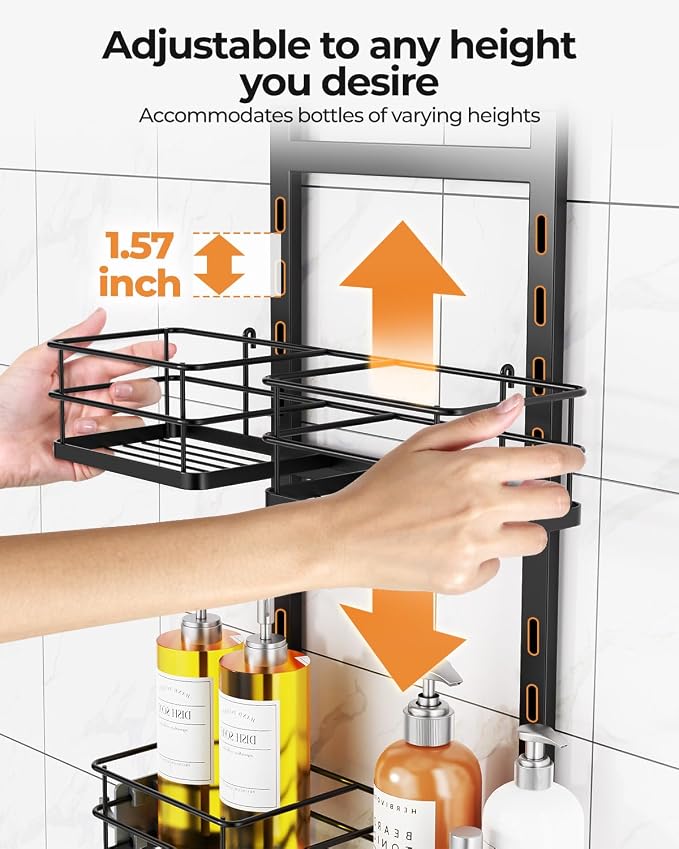 ODesign 2 Tier Shower Caddy for Handheld Shower Heads Anti-Swing Black | No drilling required,comes with removable hook and storage box,suitable for handheld and wall-mounted showerheads