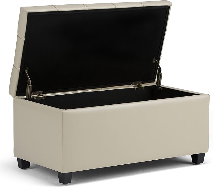SIMPLIHOME Dover 36" Wide Vegan Leather Square Ottoman in Stone Grey | Transitional ottoman with tufting and lift-up lid; rectangle storage bench for living room or entryway.