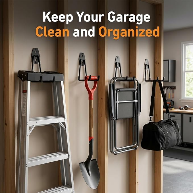Garage Hooks, 12 Pack Wall Hooks for Hanging Heavy Duty Ladders, Bikes, Tools Ideal for Garage, Garden, Basement Utility Room Storage (Orange)