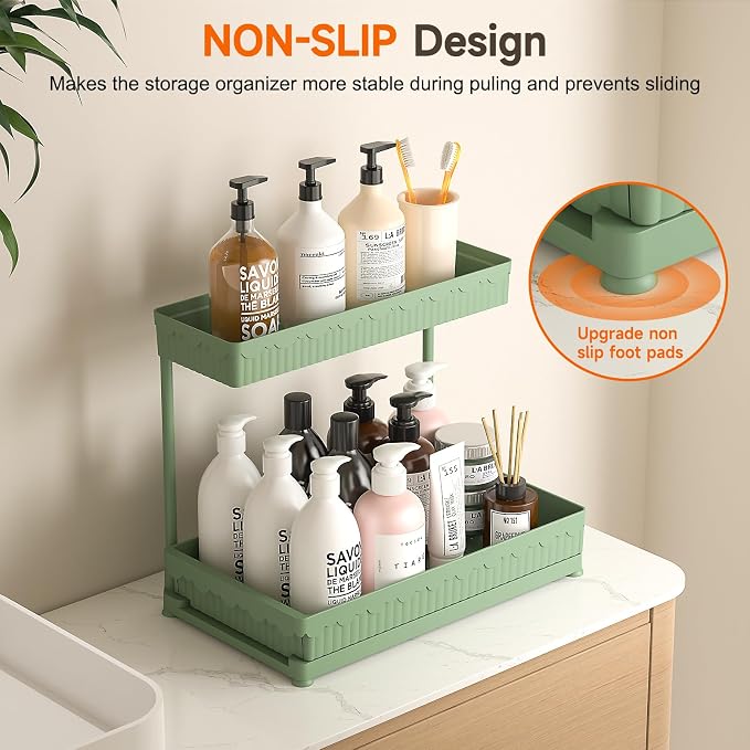Sevenblue 3-Pack 2-Tier L-Shaped Under Sink Organizers with Sliding Drawers | Multi-use kitchen & bathroom storage, 12.85 inch green cabinet organizer, space-saving sliding drawer design.