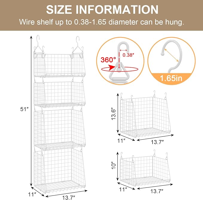 4-Tier Hanging Laundry Room Organizer: Foldable Wire Shelf Basket with 2 Large Hooks 1.65" & 360°Rotating Hooks – Space-Saving Laundry Storage Basket, for Wardrobe Closet Storage, White Patent