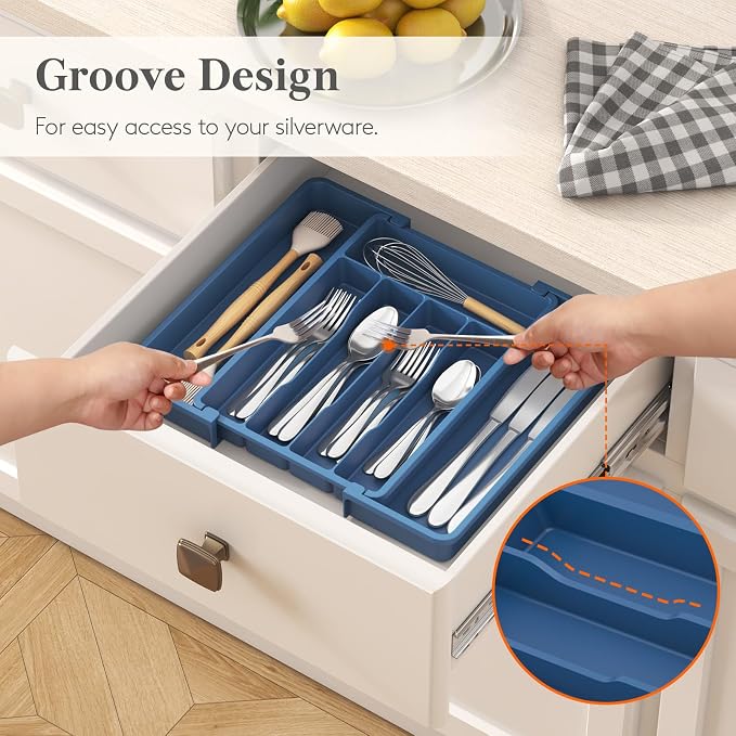 Lifewit Silverware Drawer Organizer, Expandable Utensil Tray for Kitchen, BPA Free Flatware and Cutlery Holder, Adjustable Plastic Storage for Spoons Forks Knives, 8.5"-14.1" x 12.1", Dark Blue