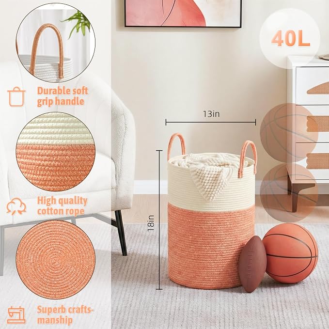 Laundry Basket,Woven Cotton Rope Laundry Hamper,40L for Decor Storage of Dirty Clothes,Toys and Blankets in Bathroom,Baby Room and Living Room