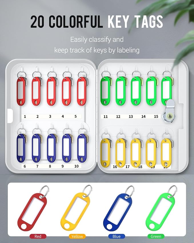 Uniclife 20 Position Key Cabinet with Key Lock Wall Mounted White Security Storage Box Steel Key Organizer with Colorful Key Tag Labels Identifiers Stickers and Hooks