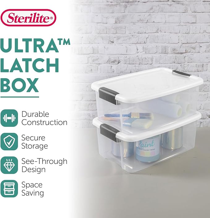 Sterilite Ultra Latch Box with Lids for Home and Office, 18 Quart, 12-Pack | Heavy-Duty and Stackable Plastic Containers with Latches for Closet, Cabinet, Bedroom, Bathroom and Dorm Room Organization