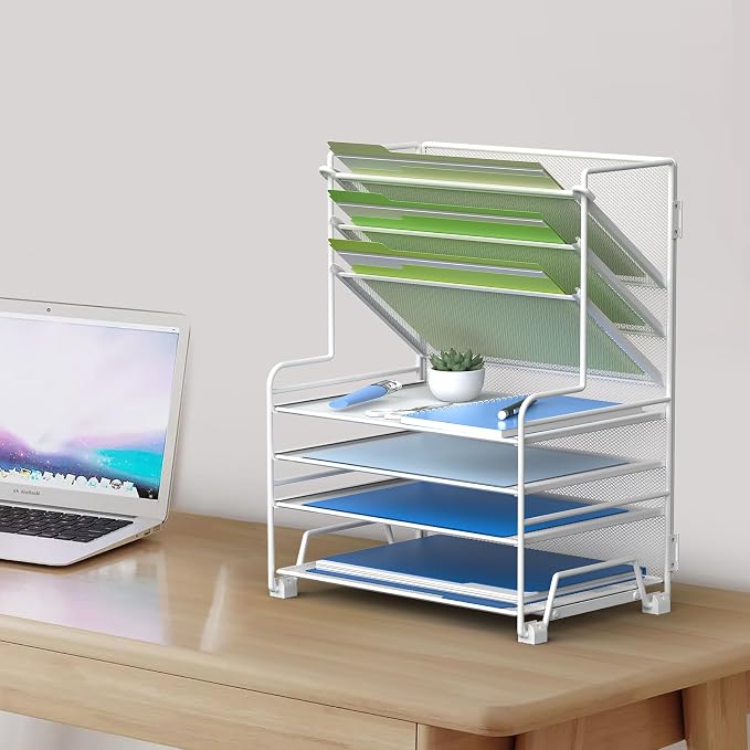 MINDEPOT 4-Tier Paper Organizer + 3-Pocket File Holder + Drawer + Pen Holders, Desktop File Organizers Paper Tray for Office Supplies School Classroom Organization (White, no Drawer & Pen Holder)
