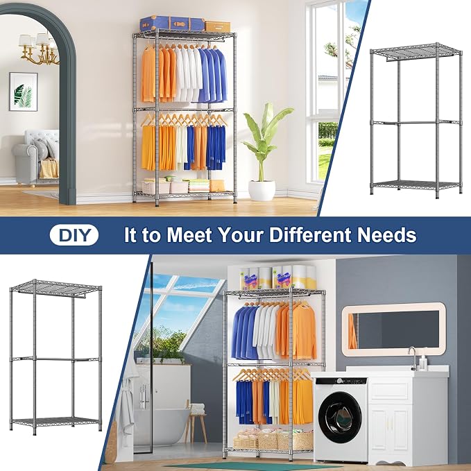 E12 Pro Clothes Rack，Heavy Duty Freestanding Garment Rack with Shelves，Metal Clothing Closet Storage System for Hanging Clothes，71" W x 16" D x 76.5" H, Hold 960 lbs，Grey