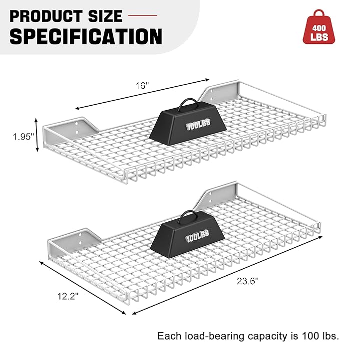 Wall Mounted Storage Shelf for Garage, 4 Pack Metal Shelf Rack, Heavy-Duty Wall Organizer Shelves Suitable for Shop, Shed, Garage 23.5inch x 12inch(White)