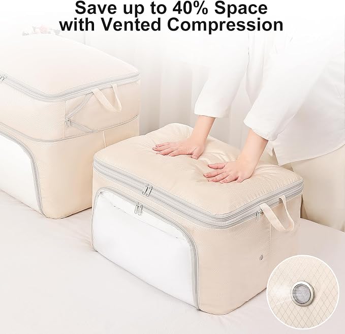Comforter Storage Bag - Large Capacity Blanket Storage Bags Front-opening Ultra Space Saving Self Compression Organizer, Washable Compression Bags for Storage Comforter Blanket, 2 Pack, Beige