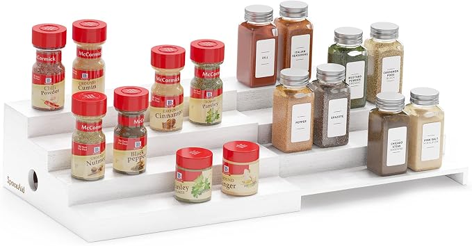 SpaceAid Bamboo Spice Rack Organizer for Cabinet, Kitchen Pantry Spices Storage Rack for Cabinets Organization, Home Seasoning Tiered Can Goods Racks Wood Shelf Organizers (4 Tier, White)