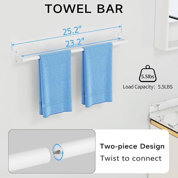 KLJKPA Bathroom Accessories Set, 4-Piece White Bathroom Hardware Set | 24 inch Towel Bar, Towel Racks for Bathroom, Robe Towel Hooks, Toilet Paper Holder Wall Mounted