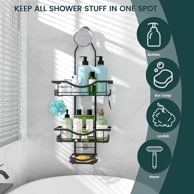Shower Caddy Hanging Adjustable Shower Caddy, Rustproof Shower Organizer Extended Length Shower Caddies Over Shower Head with Hooks Soap Holder, Large Capacity Anti-Swing Bathroom Storage, Black | Extra Long, No Drilling, Anti-Slip, Shower Caddy Over S...