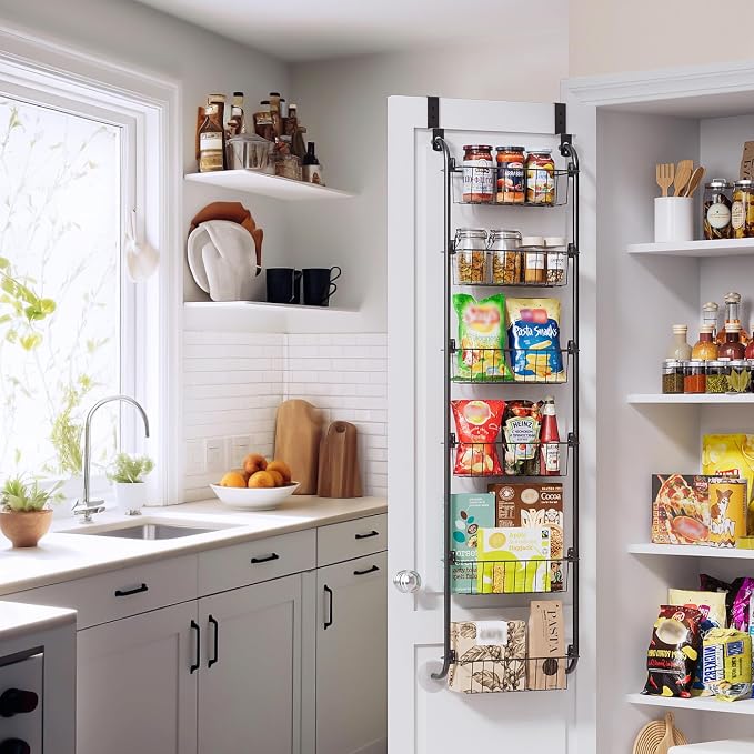 Delamu Narrow Over the Door Pantry Organizer, 6-Tier Metal Pantry Door Organization and Storage for Easy Install, Hanging Spice Rack Seasoning Shelves for Cabinet & Kitchen, D5 x W13 x H50 inch, Black
