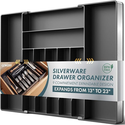Silverware Drawer Organizer, 9 Slots Expandable Kitchen Drawer Organizer | Extra Large Utensil Holder & Cutlery Tray, Heavy Duty Stainless Steel Frame Flatware Organizer, Non-Slip Feet Included, Black
