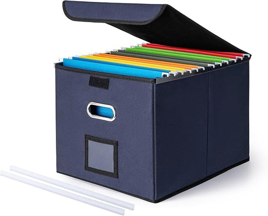 CADONO File Organizer Box with Lid (Navy Blue, 14.9 x 12.59 x 10.8 inch) | Large Hanging File Folder Organizer with Plastic Slide, Collapsible Portable Filing Storage Boxes for Office/Decor/Home